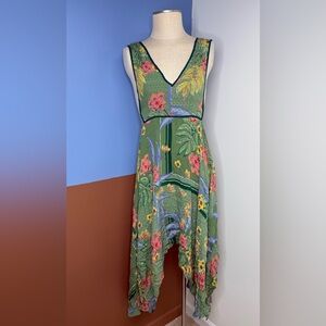 Angie Green Floral Midi‎ Dress Asymmetrical Hem Apron Front Size Small